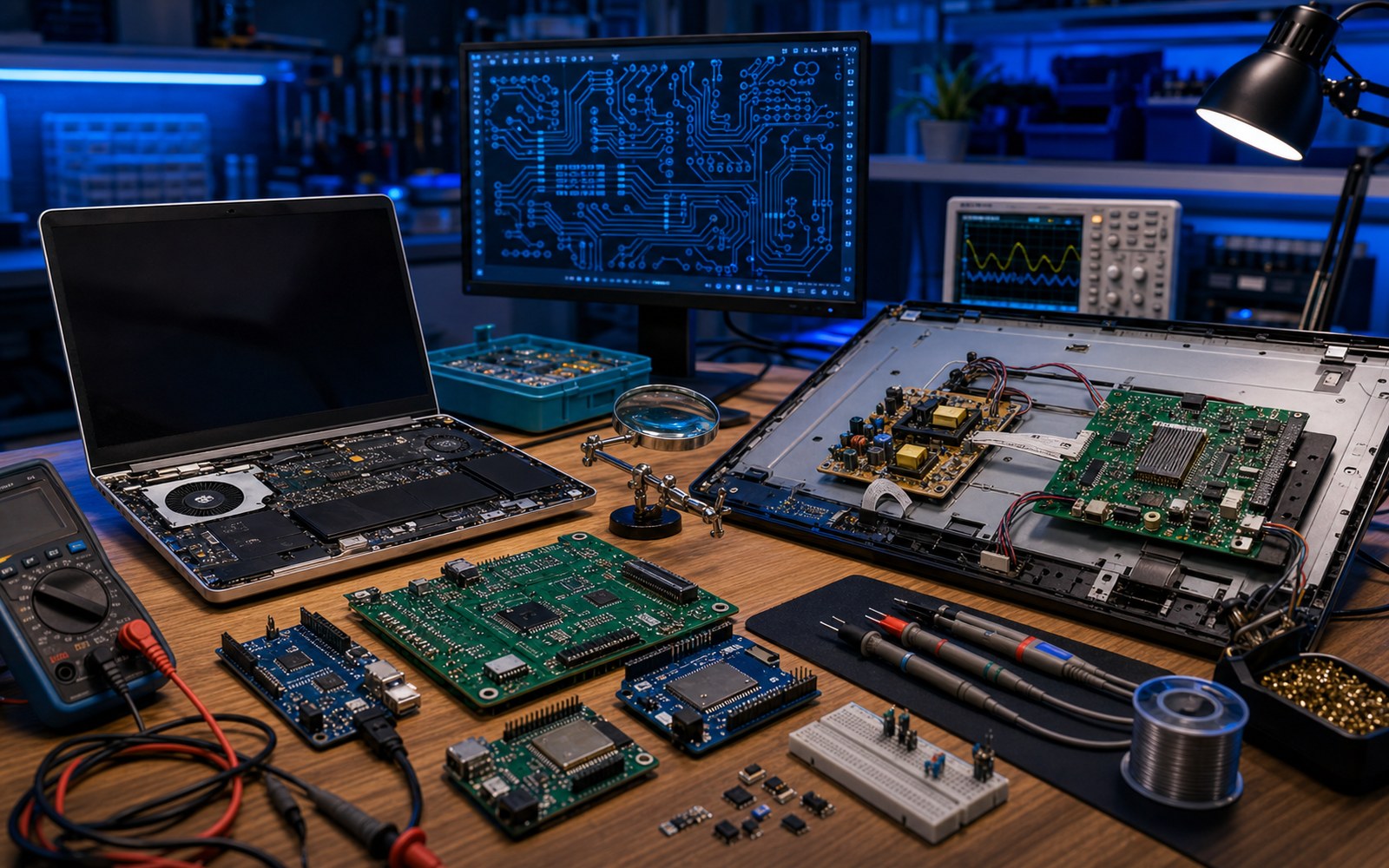 Electronics repair workbench with PCB design and embedded project prototypes